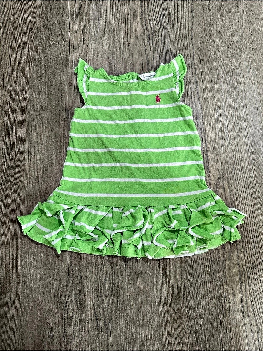Ralph Lauren Striped Ruffled Cotton Dress Green & White 12M